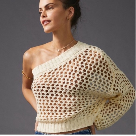 Maeve by Anthropologie Sweaters - Maeve Anthropologie One Shoulder Crochet Sweater Ivory Sheer One Size Asymmetric